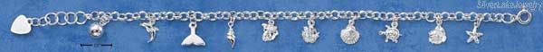 Sterling Silver 7" Mini Sea Creatures Charm Bracelet - Click Image to Close