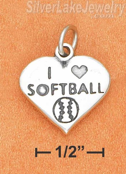 Sterling Silver High Polish Heart With "I Heart Softball" Charm And Softball - Click Image to Close