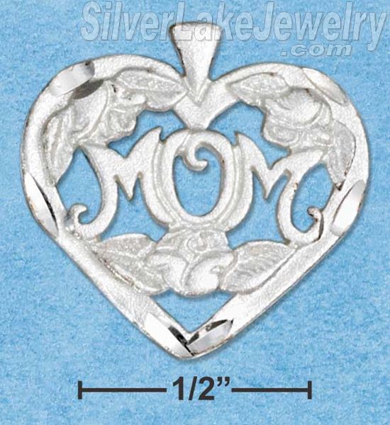 Sterling Silver Small Heart And Flowers With "Mom" Pendant - Click Image to Close