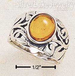 Sterling Silver Antiqued Filigree Band W/ 9X7 Oval Amber Stone Size 7 - Click Image to Close