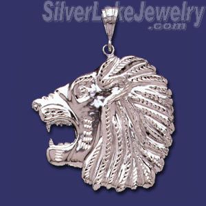 Sterling Silver Diamond-Cut Very Big Lion Head Charm Pendant - Click Image to Close