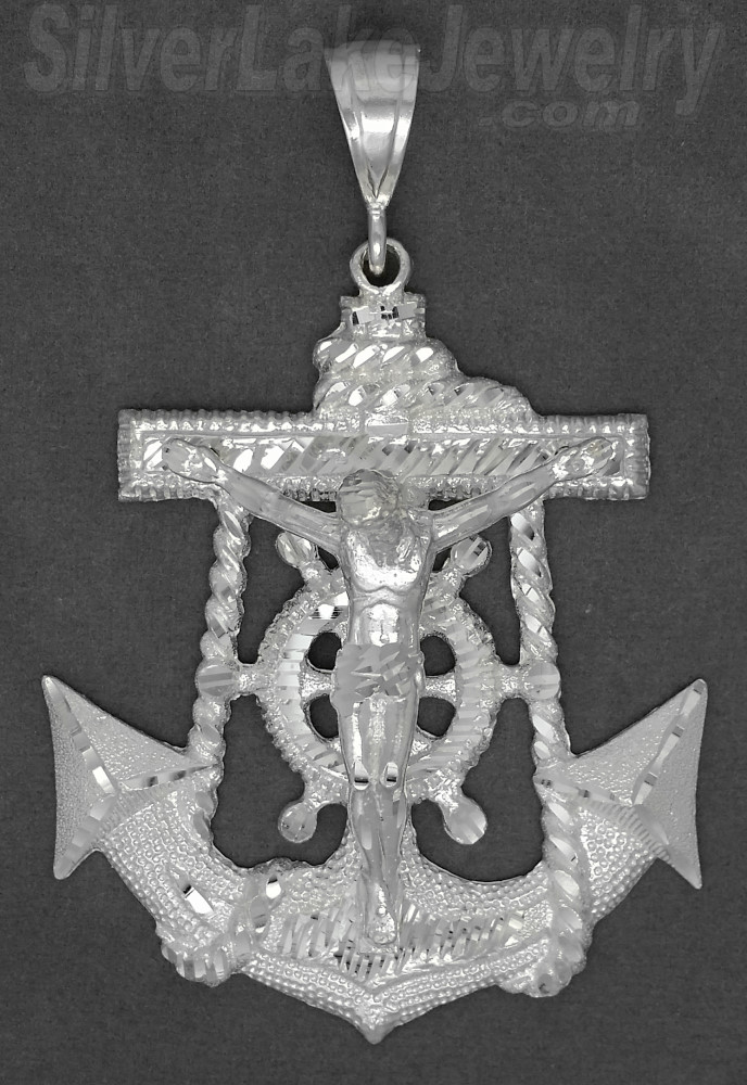 Sterling Silver Diamond-Cut Big Anchor Crucifix Charm Pendant - Click Image to Close