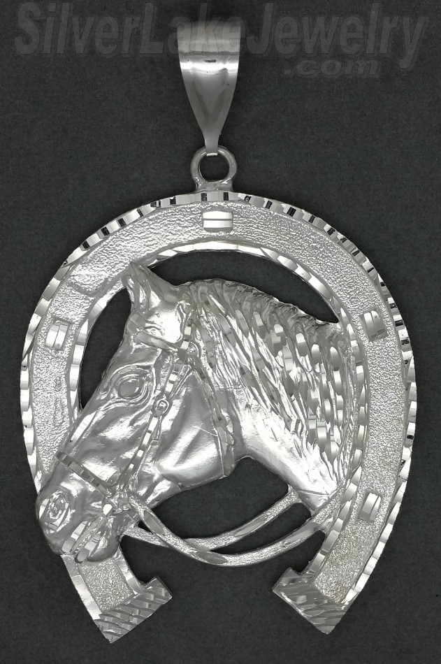 Sterling Silver Large Diamond-cut Horse Head Horseshoe Pendant - Click Image to Close