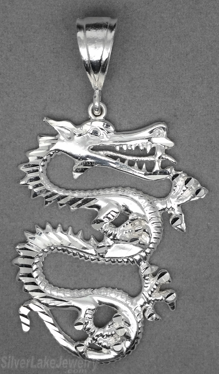 Sterling Silver Diamond-Cut Big Dragon Charm Pendant - Click Image to Close