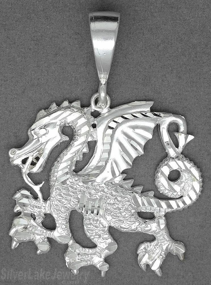 Sterling Silver Diamond-Cut Big Winged Dragon Charm Pendant - Click Image to Close