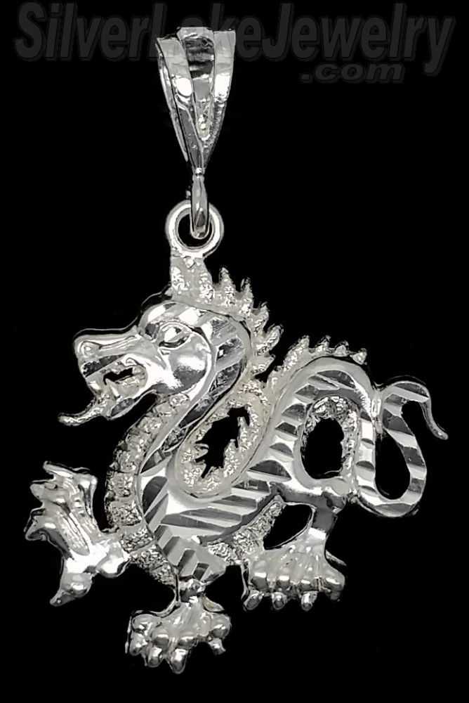 Sterling Silver Diamond-cut Dragon Charm Pendant - Click Image to Close