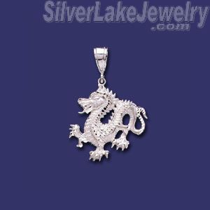 Sterling Silver Diamond-cut Large Dragon Charm Pendant - Click Image to Close