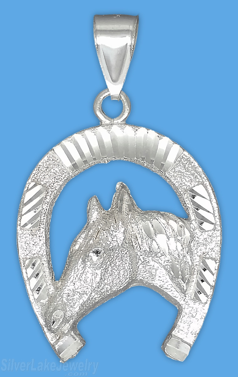 Sterling Silver Diamond-Cut Horse Head Horseshoe Charm Pendant - Click Image to Close