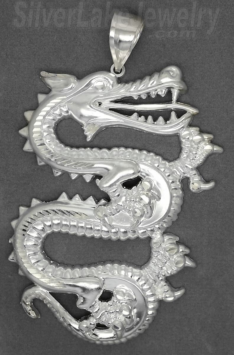 Sterling Silver Very Large Big Diamond-Cut Dragon Charm Pendant - Click Image to Close