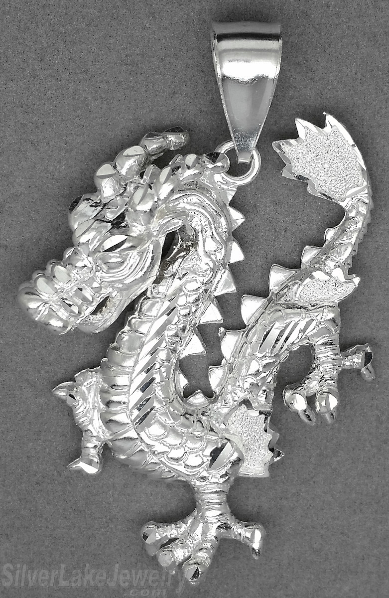 Sterling Silver Diamond-Cut Big Dragon Charm Pendant - Click Image to Close