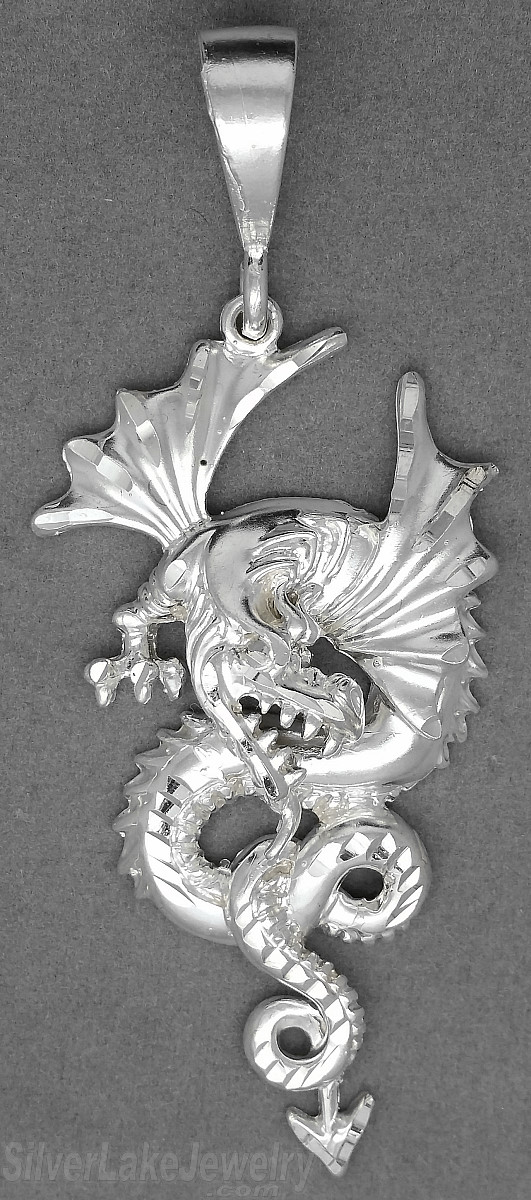 Sterling Silver Diamond-Cut Big Winged Dragon Charm Pendant - Click Image to Close