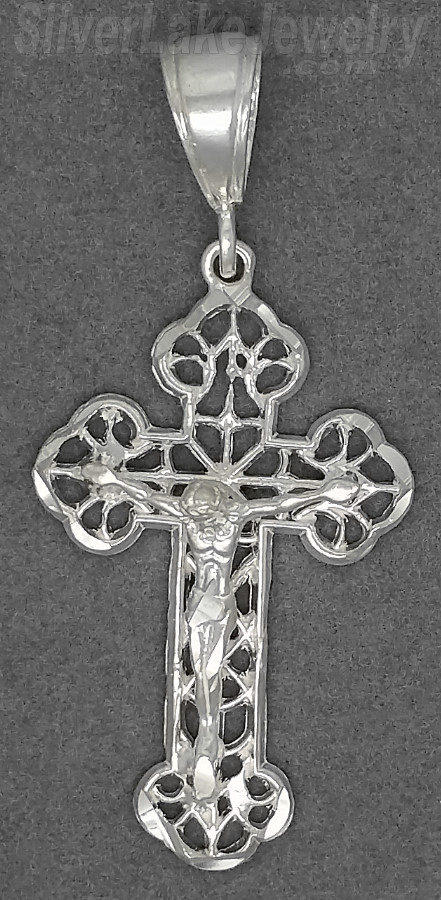 Sterling Silver Diamond-Cut Crucifix Budded Cross Charm Pendant - Click Image to Close