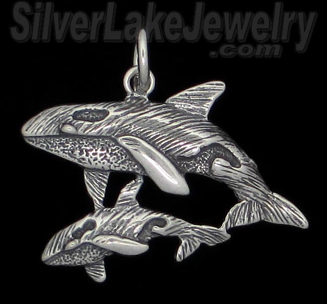 Sterling Silver Orcas Killer Whales Mother & Baby Calf Charm Pendant - Click Image to Close