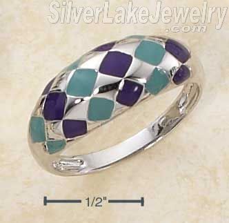 Sterling Silver Enamel Purple & Green Diamond Patterned Dome Ring Size 8 - Click Image to Close