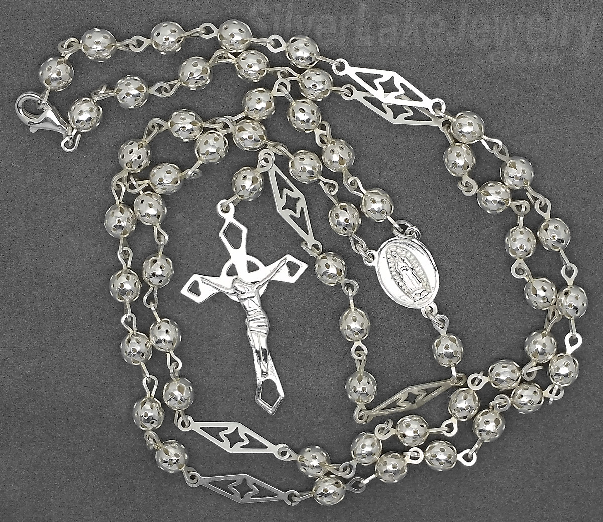 Sterling Silver 24" Crucifix & Virgin Mary Rosary 5mm Beads - Click Image to Close