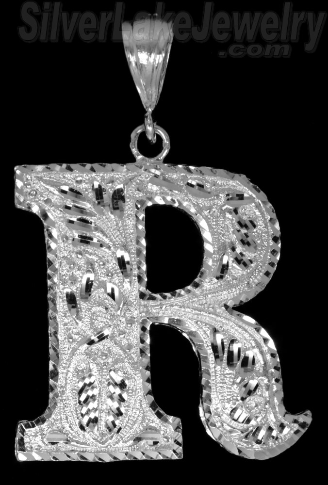 Sterling Silver Large Diamond-cut Initial Letter R Charm Pendant - Click Image to Close