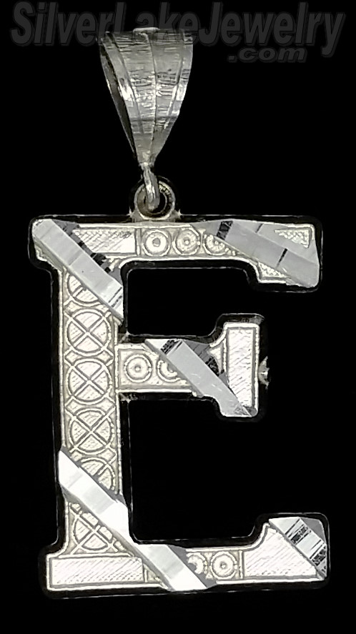 Sterling Silver Dia-cut Stripes Initial Letter E Charm Pendant - Click Image to Close