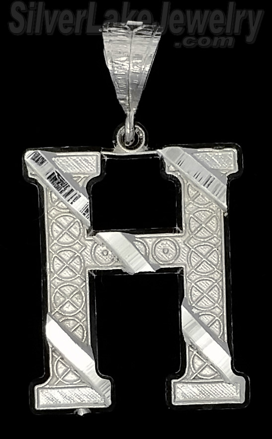 Sterling Silver Dia-cut Stripes Initial Letter H Charm Pendant - Click Image to Close