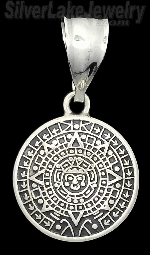 Sterling Silver Domed Aztec Sun Calendar Pendant 19mm - Click Image to Close