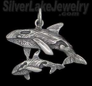 Sterling Silver Orcas Killer Whales Mother & Baby Calf Charm Pendant