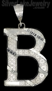 Sterling Silver Dia-cut Stripes Initial Letter B Charm Pendant